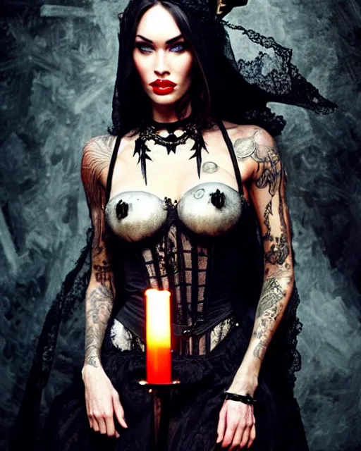 Image similar to megan fox witch queen, black eyes, blood, full body, intricate victorian dress, symmetrical eyes, rafael albuquerque, frank frazetta, moody lighting, candles