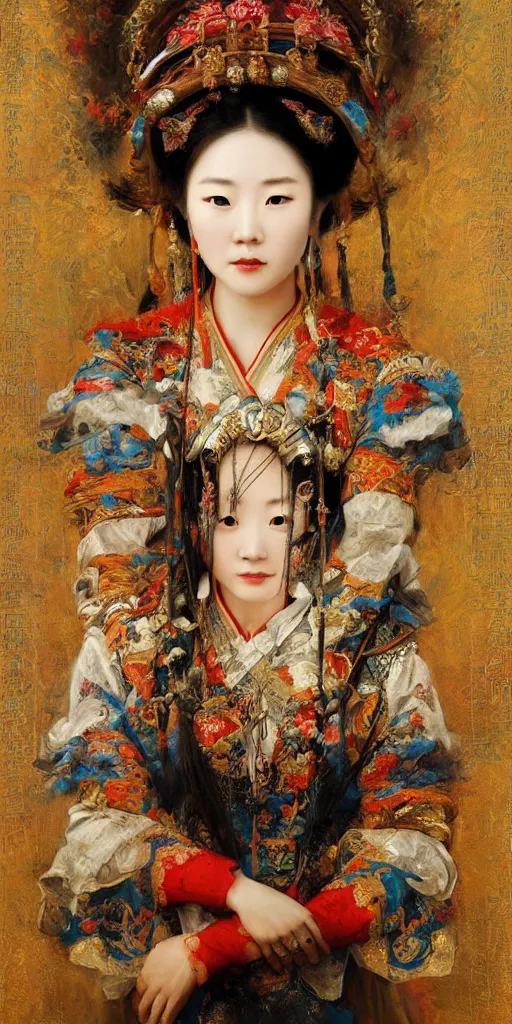 Image similar to Highly detailed and cinematic romantic period oil painting of the Chinese pirate queen Zheng Yi Sao, strong atmosphere, oil painting masterpiece by Josep Tapiró Baró, symmetry, fractals