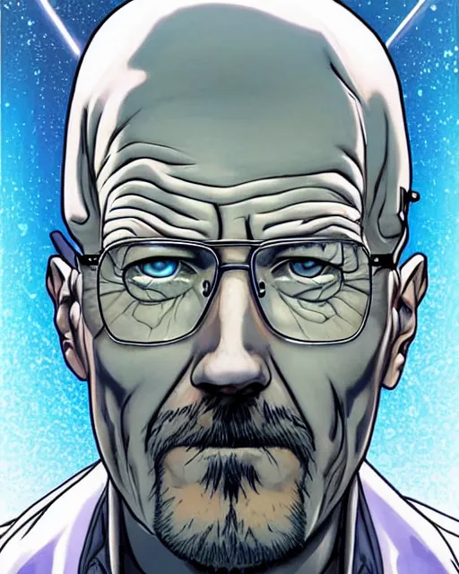 Image similar to portrait of walter white as a robot, cybernetic enhancements, art by makoto shinkai and alan bean, yukito kishiro