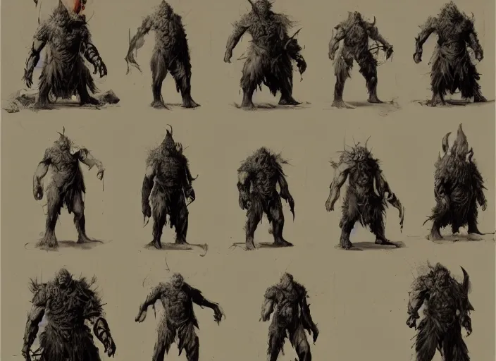 Image similar to feral orc chieftain charector concept sheet, beksinski, ruan jia, the hobbit orc concept, dark soul concept