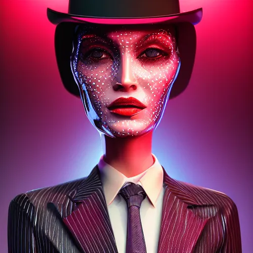 Image similar to alien stylish woman cartoon portrait made out of rain, pinstripe suit, top hat, galactic background, rendered in octane, unreal engine, highly detailed, trending on artstation, realistic, neon, beautiful