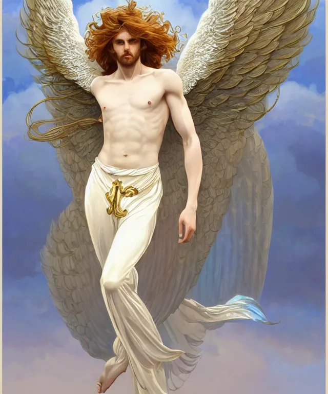 Image similar to fullbody symmetrical portrait of a beautiful young fit male angel with curly blond hairs, full dressed in long fluent clothes, majestic big dove wings, luminous halo, by greg rutkowski and alphonse mucha, gradient white to gold, in front of an iridescent background, highly detailed portrait, digital painting, artstation, concept art, smooth, sharp focus illustration