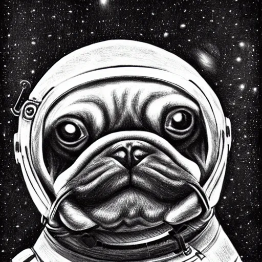 Image similar to pencil art, golden - ratio, spirals, highly detailed, astronaut pug in outer space by davinci.