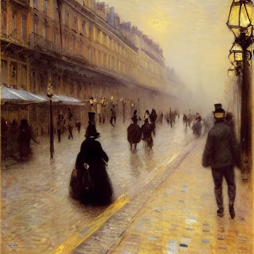 Image similar to Parisian street at night, 1880, Renoir, Jean Béraud, Gustave Caillebotte, Delaroche, Luigi Loir, Edouard Leon Cortes, moody, foggy, victorian buildings, people walking by, melancholic, busy