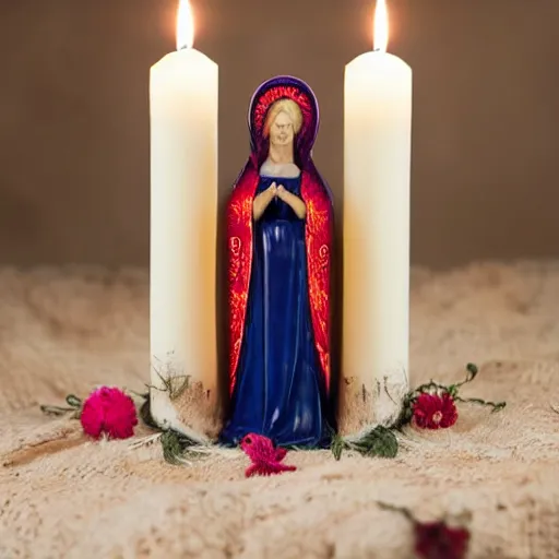 Image similar to virgin mary on a candle dressed in day if the dead dress and makeup