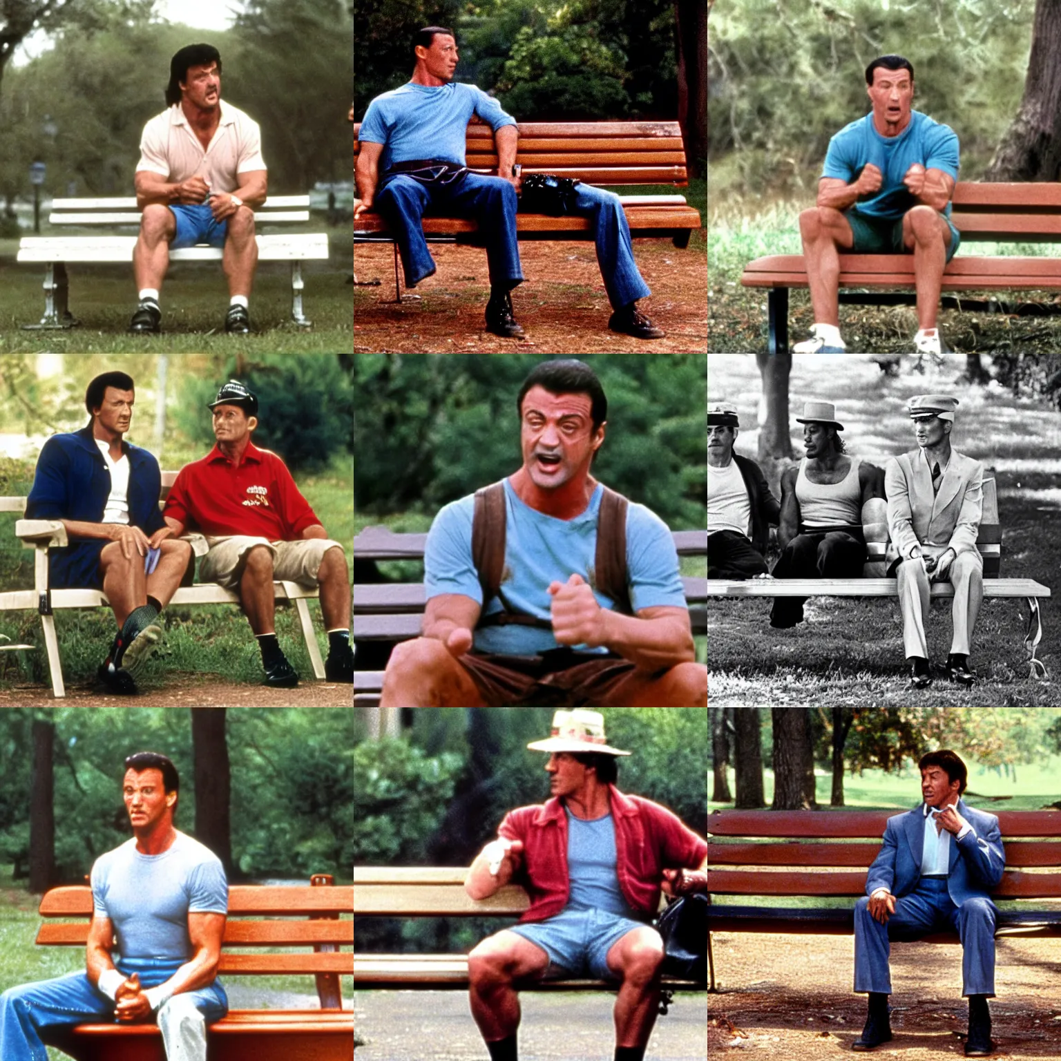 Prompt: Sylvester Stallone as Forrest Gump, sitting on a bench scene, movie still