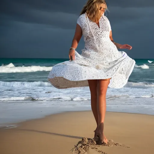 Image similar to lonely wonderful lady with a white large magnificent more and more vaporous ,wrapped ,hight decorated,detailed ,white roses cotton dress is moving in the sand near the ocean, during lightning storm, her face is visible , 8k