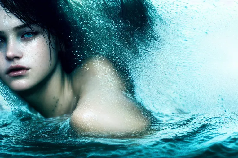 Image similar to an ultra realistic, cinematic, fantasy, portrait, of a beautiful woman, face in water, dramatic, soft light, dreamy, facial features, in the ocean, detailed, deep focus, movie still, dramatic lighting, ray tracing, by michal karcz and yoshitaka amano