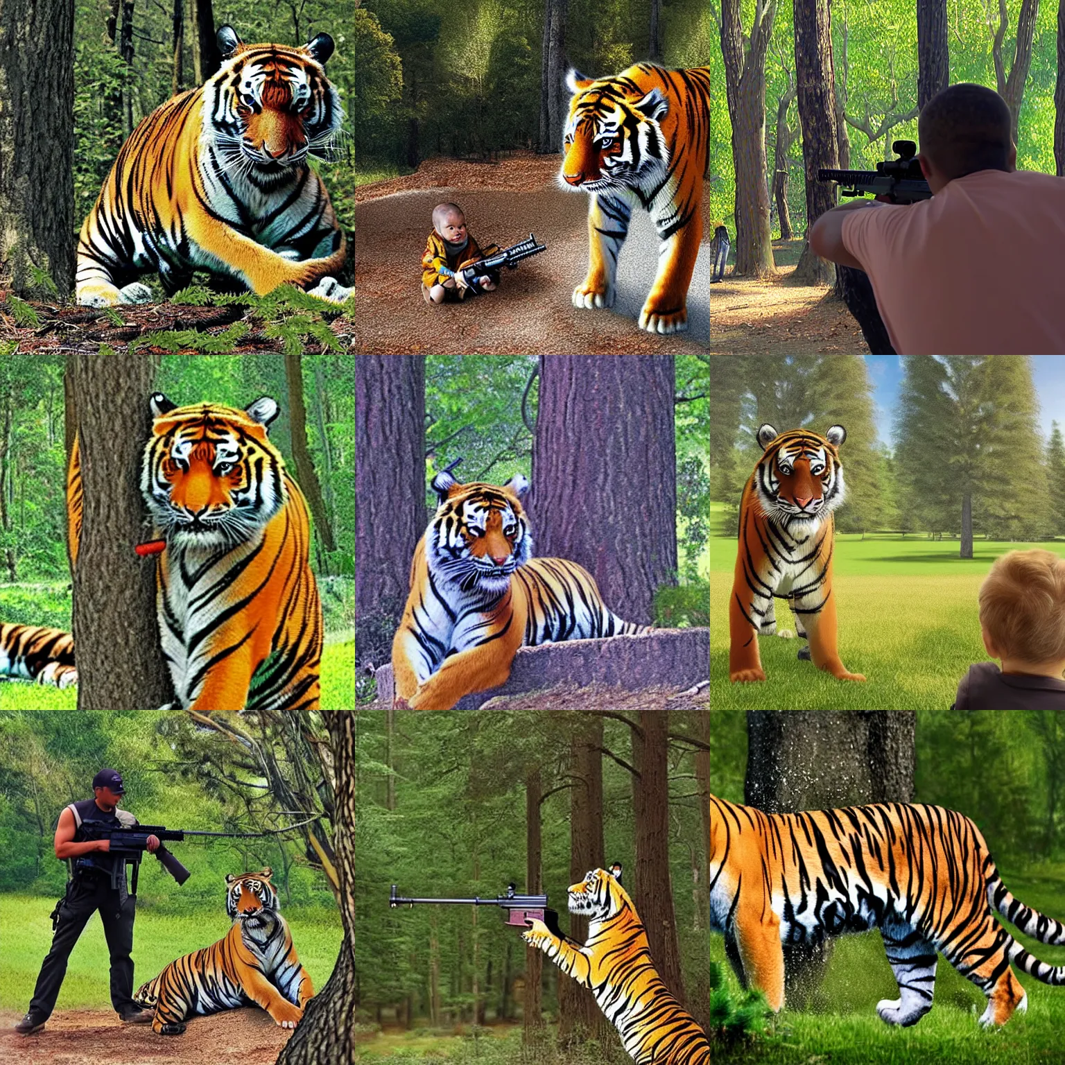 Prompt: tiger and his ar - 1 5 shooting trees, high definition, amazing, toilet babies watching