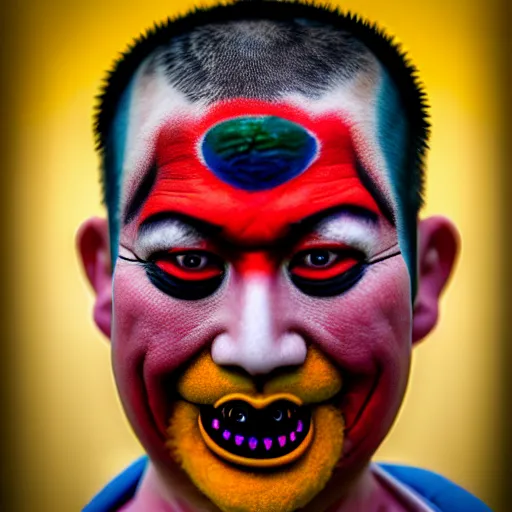 Image similar to photorealistic portrait photograph of a crazy buddhist monk with painted face as in peking opera and rastafarian rainbor color hair with spikes and rings in pierced face ears and nose like punks