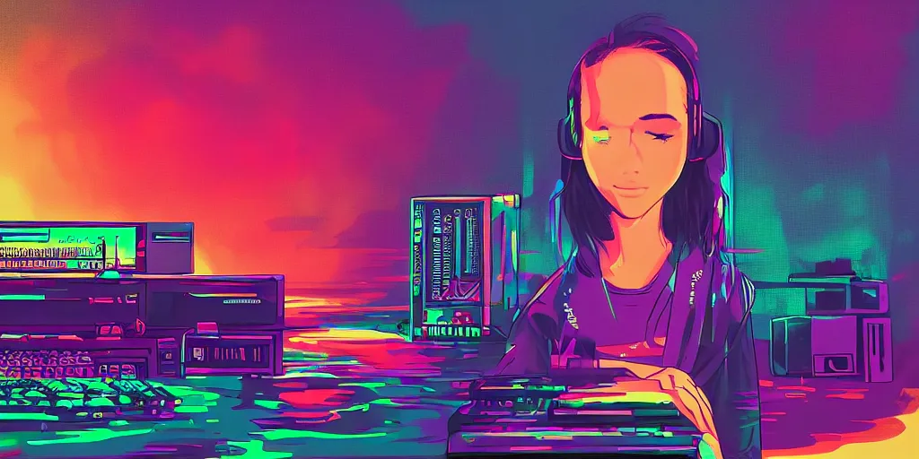 Image similar to discord moderator in front of a computer, lo-fi beats, synthwave