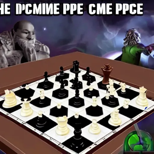 Image similar to the most epic chess game in all of time and space