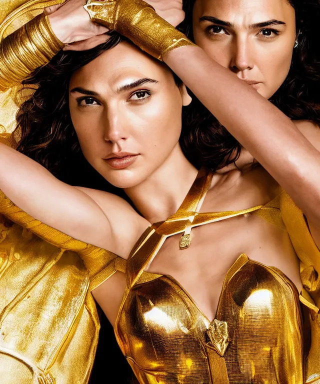 Prompt: A epic photo of Gal Gadot as golden godess by Swanland Raymond, hyper detailed, 50mm, award winning photography