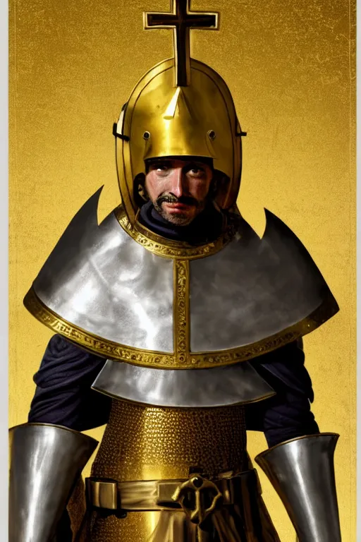 Image similar to man looking forward in iron decorated with gold baroque style christian crusader armor, cylindrical helmet covering all his head decorated with golden cross on front it's front and white cape covering most of his body standing at the gates of jerusalem drawn by greg rutkowski realistic high detail