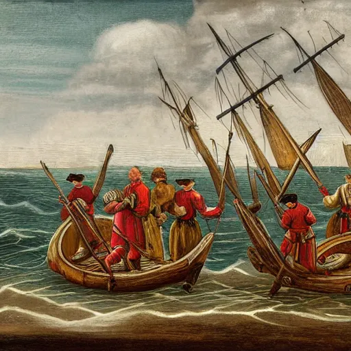 Prompt: A photograph of 16th century portuguese navigators walking on the shores of North America, in the style of Roque Gameiro, sharp, good quality, detailed, award winning, realistic, contrast