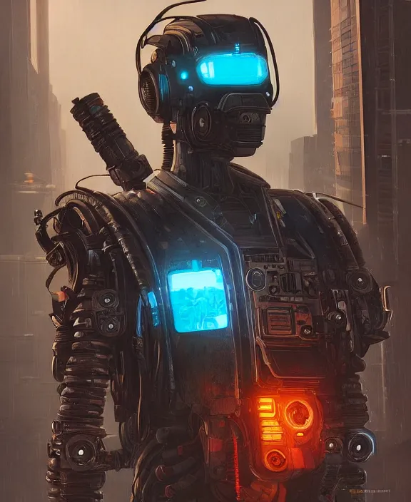 Image similar to cyberpunk digital illustration pathfinder robot from apex legends, portrait by james gurney and laurie greasley, concept art, cinematic composition, hyper realism, photorealistic, dramatic lighting, highly detailed, vintage sci - fi