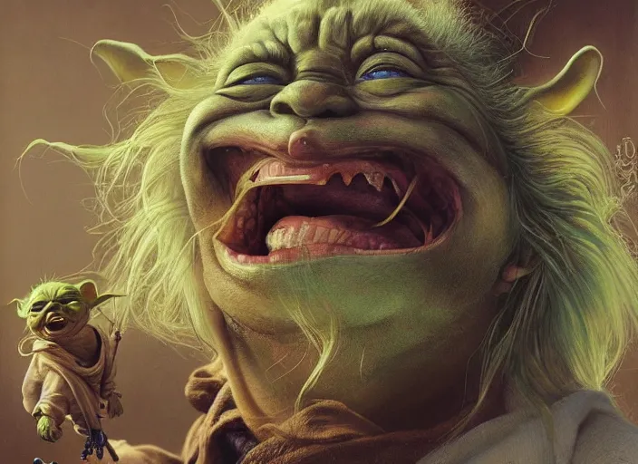 Prompt: a highly detailed portrait of a crazy laughing Yoda on a bad ketamine drug trip, drugs and alcohol littered everywhere, descent into lunacy and madness, dizzy, trippy, artstation, cgsociety, very detailed, intricate, detailed illustration, by artgerm and greg rutkowski and alphonse mucha, sharp, smooth, masterpiece