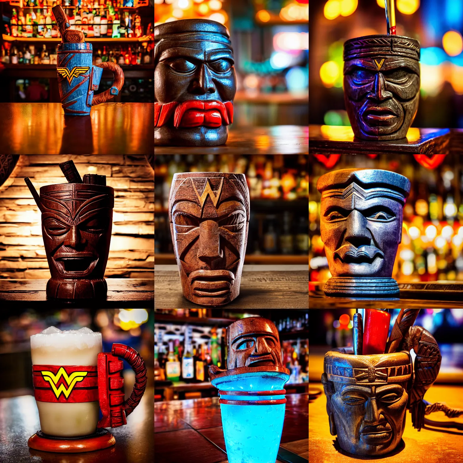 Prompt: a closeup photorealistic photograph of a wonder woman style tiki mug sitting on trader vic's bar. tiki culture. brightly lit scene. this 4 k hd image is trending on artstation, featured on behance, well - rendered, extra crisp, features intricate detail, epic composition and the style of unreal engine.
