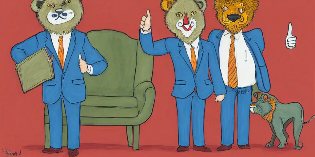 Image similar to an anthropomorphic lion wearing a suit and giving a thumbs up to his business partner, by lisa hanawalt, by wanda gag