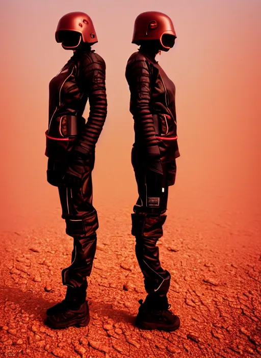 Image similar to photographic portrait shot on cinestill 5 0 d of two loving clones, techwear women on a desolate plain with a red sky, a brutalist dark metal facility in the background, dust storm, 3 5 mm, 8 k, depth of field, high resolution, ultra realistic faces