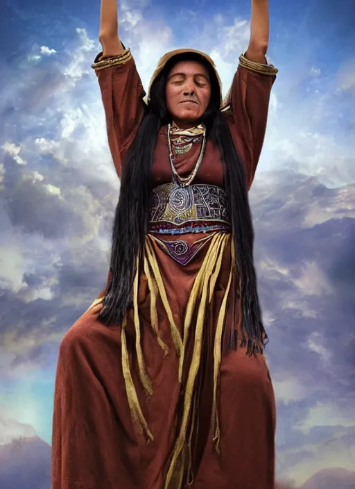 Image similar to incan female priest starring at the sky, with arms up, praying at the sky, realistic face, matte painting, fantasy art