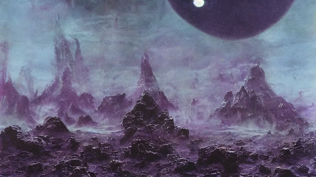 Image similar to eerie atmospheric alien planet empire by jack gaughan and bob eggleton and chris moore, epic cinematic matte painting