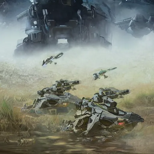 Prompt: a beautiful shot poweful spider - like battle mechas by shoji kawamori, tank turret with a big rail gun, two plasma phasers, mutliples rocket pods, machine gun, in a swamp battlefield, water, mud, reeds, dead trees, explosions, dust, beautiful natural light, golden hour, war photography, by annie leibowitz