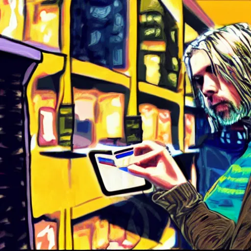 Image similar to digital painting of kurt cobain buying an expensive nft