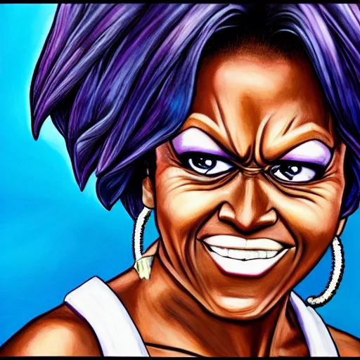 Image similar to ultra realistic portrait painting of michelle obama as frieza, art by akira toriyama, 4 k, dragon ball artstyle, cel shaded, highly detailed, epic lighting