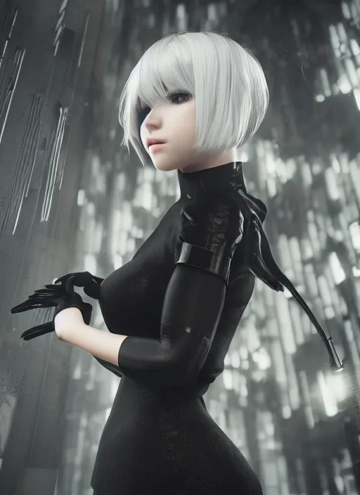 Image similar to Hyperrealistic beautiful portrait of 2B, nier automata, black dress, 8k, Octane Render, cinematic lighting