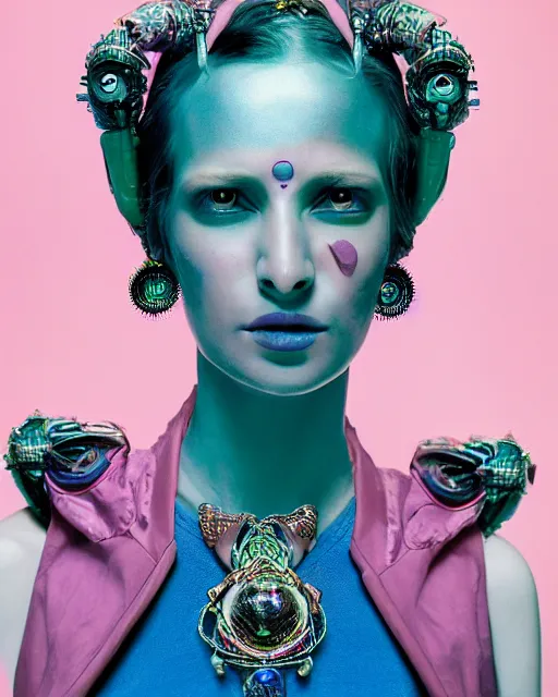 Prompt: natural light, soft focus portrait of a cyberpunk anthropomorphic fly with soft synthetic pink skin, blue bioluminescent plastics, smooth shiny metal, elaborate ornate jewellery, piercings, skin textures, by annie leibovitz, paul lehr