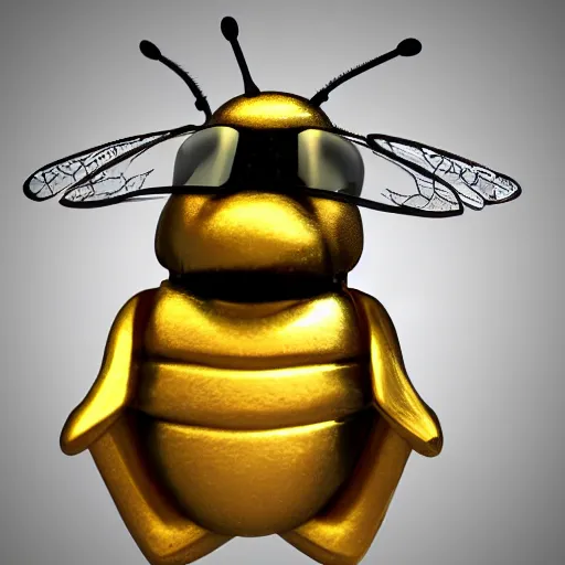 Prompt: 3d bee made of metal, shiny, playing drums onstage like Ringo Starr