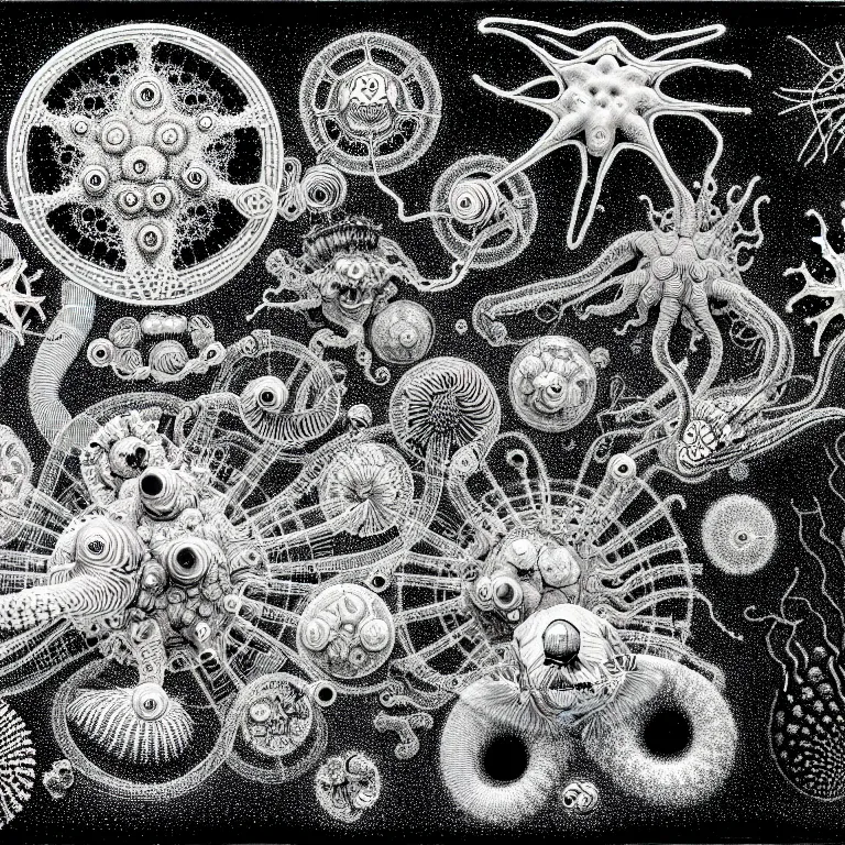 Image similar to a black and white drawing of a variety of sea life and filled with gundam mech equipment space station, a microscopic photo by ernst haeckel, zbrush central, kinetic pointillism, bioluminescence, intricate patterns, photoillustration