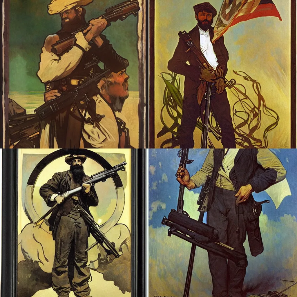 Prompt: epic portrait of John Brown holding a rifle in front of a billowing black flag, by Alphonse Mucha