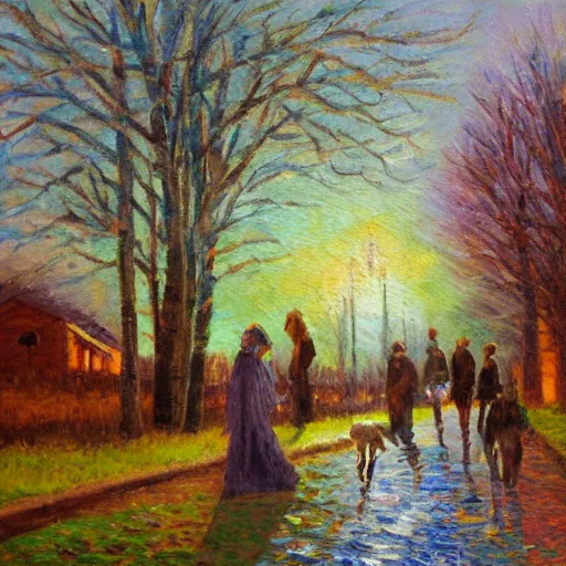 Image similar to i wondered if that was how forgiveness budded ; not with the fanfare of epiphany, but with pain gathering its things, packing up, and slipping away unannounced in the middle of the night. oil painting, impressionism