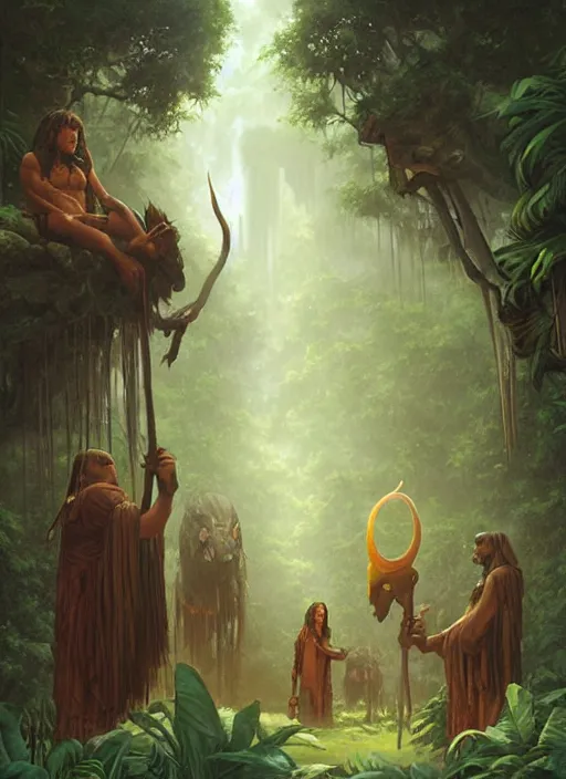 Prompt: ancestors protecting a shaman in the jungle, old faces in the jungle, art by christophe vacher