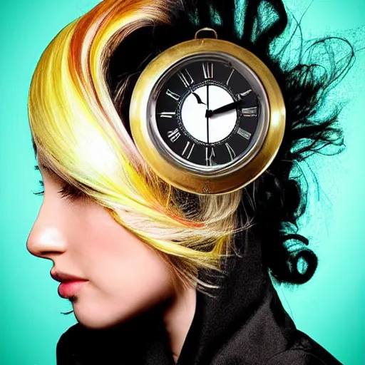 Image similar to hair styled to look like a coocoo clock with the bird popping out, real life, photograph, salon magazine cover, high end fashion, crazy hair, creative, odd