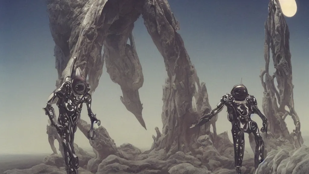 Image similar to futuristic organic spacesuit design by john schoenherr and jim burns, epic cinematic matte painting