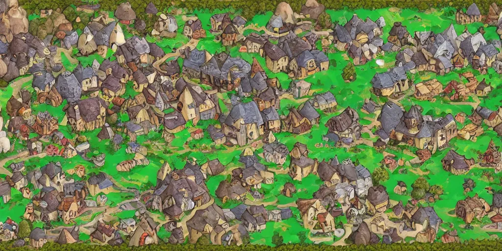 Image similar to a high detailed village vector art presenting an aerial view of a cartoonish rpg village by dungeondraft, dofus, patreon content, containing tables and walls, hd, straight lines, vector, grid, dnd map, map patreon, fantasy maps, foundry vtt, fantasy grounds, aerial view, dungeondraft, tabletop, inkarnate, dugeondraft, roll 2 0