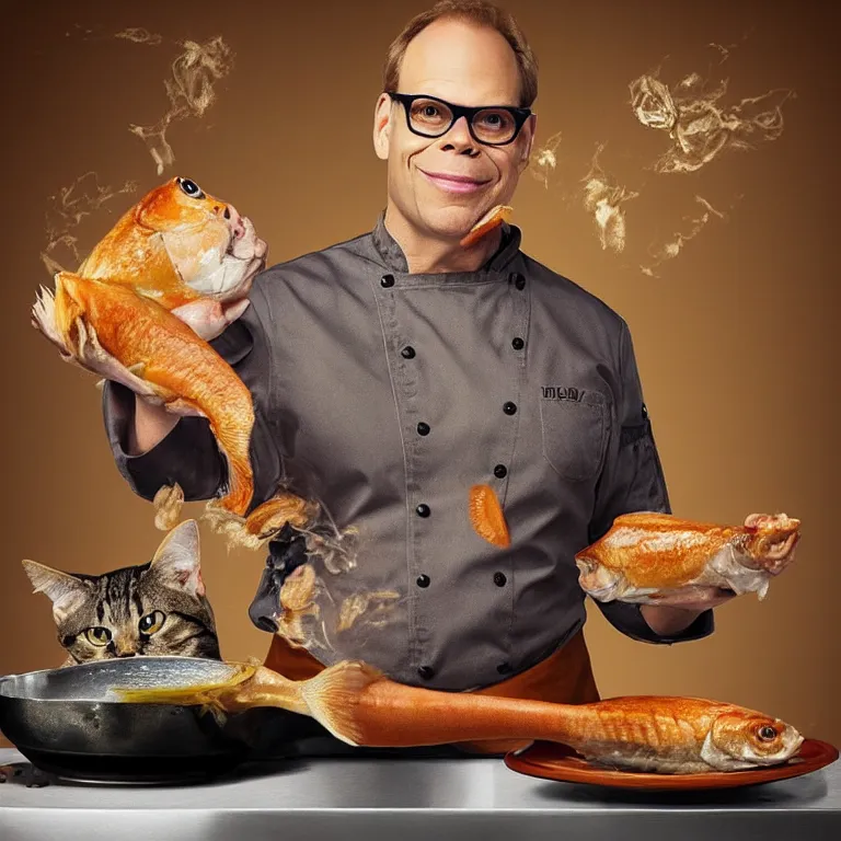 Image similar to “celebrity chef Alton Brown as a cat cooking a whole fish, digital art, 8k, trending on artstation”