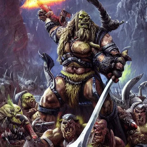 Prompt: warcraft orc holding an axe on the battlefield surrounded by bodies of fallen enemies screaming