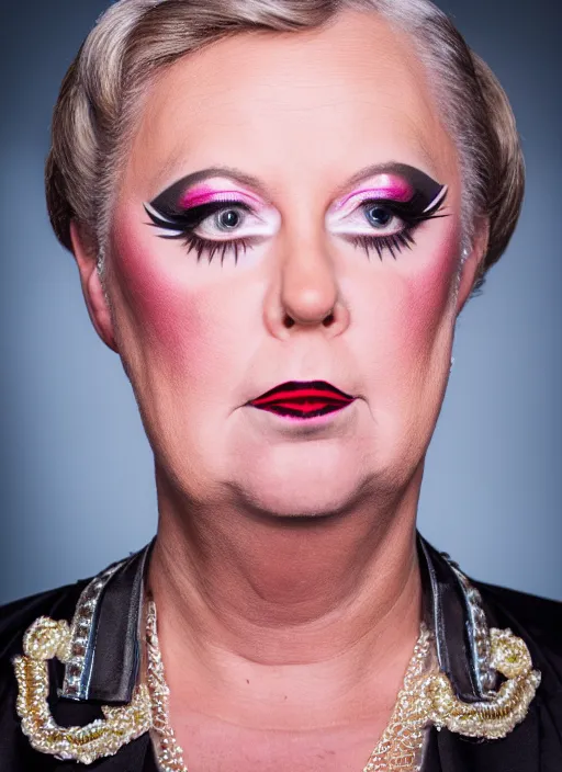 Image similar to studio portrait of lindsey graham in full drag dressed in drag dressed as a woman makeup, 8 k, studio lighting, key light, back light, sequents,