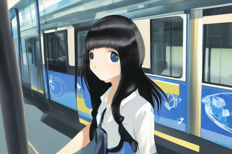 Image similar to japanese style, a 1 5 - year - old girl with long black hair, wearing a black uniform and sky blue short skirt, blue pupils, blue tie, carrying a black backpack, watching the tram slowly approaching at the tram stop, surrealism, movie level realism, virtual engine 5, detail texture, real light and dark composition, mixer rendering