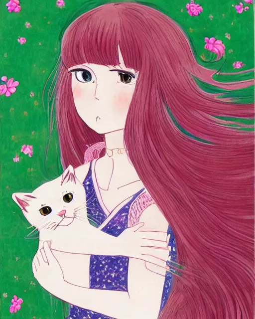 Image similar to a portrait of a young woman with very long pink hair undulating on the wind, light brown eyes, slightly chubby, pale skin, pretty, cute, holding a white cat. by naoko takeuchi