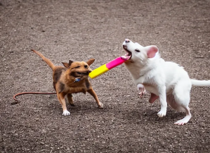 Image similar to photo still of a dog chasing a mouse while eating a popsicle, 8 k, 8 5 mm f 1. 8