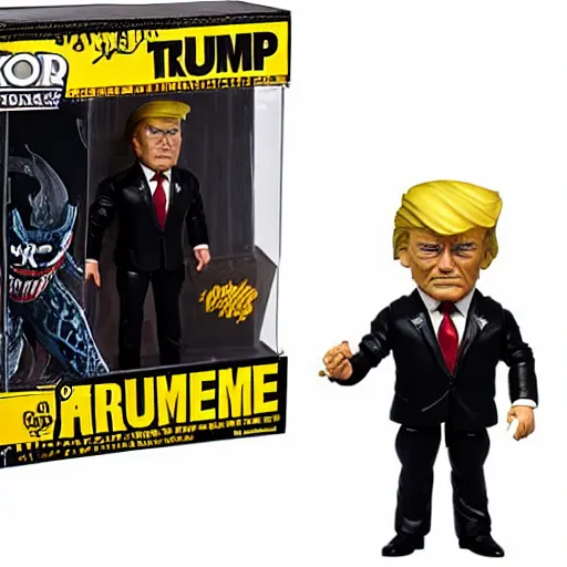 Image similar to action figure of Trump as Venom and shooting black web lines out of hair by Hasbro