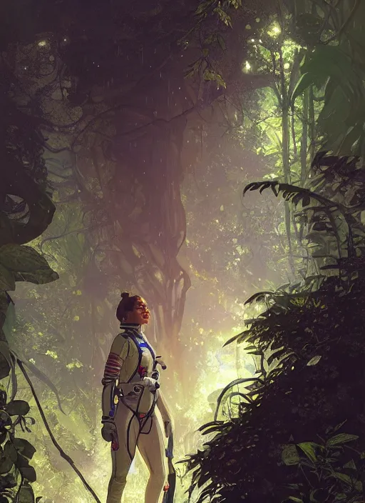 Image similar to a beautiful female astronaut exploring a magical rain forest, D&D, fantasy, intricate, cinematic lighting, highly detailed, digital painting, artstation, concept art, smooth, sharp focus, illustration, art by Terry Moore and Greg Rutkowski and Alphonse Mucha