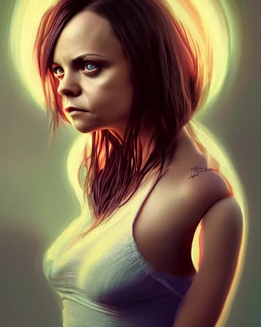 Image similar to Fullbody potrait of christina Ricci as an dancing angel, hyper realistic, prismatic highlights, atmosphere, gorgeous, depth of field, cinematic, macro, concept art, 50mm, artstation, wlop, elegant, epic, weta digital, focus, octane render, v-ray, 8k, kodak portra, art by Liberatore