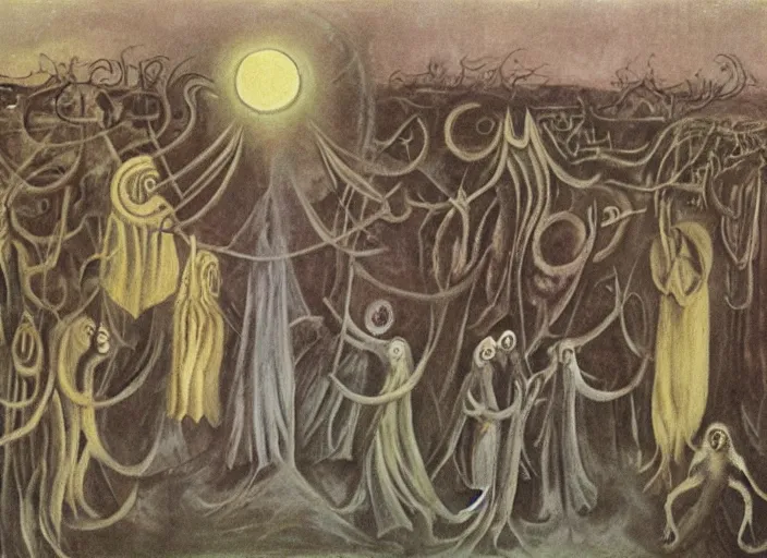 Prompt: a procession of eldritch cultist towards a lovecraftian temple by leonora carrington