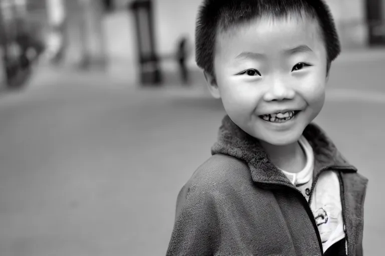 Image similar to still photo of a chinese child smiling at the camera on the street, black and white color aesthetic, highly detailed, photorealistic portrait, bright studio setting, studio lighting, crisp quality and light reflections, unreal engine 5 quality render